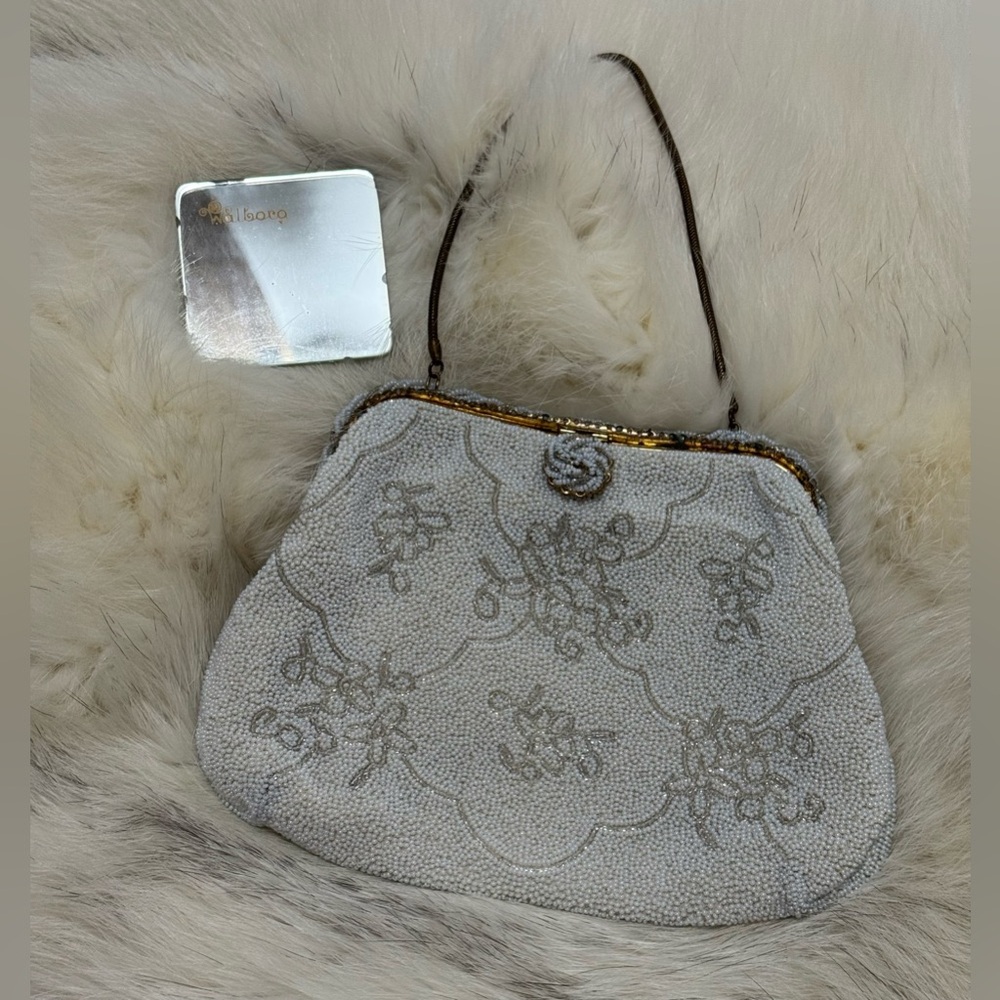 Vintage Walborg Hand Beaded White Evening Bag Clutch Purse/Mirror Made In France